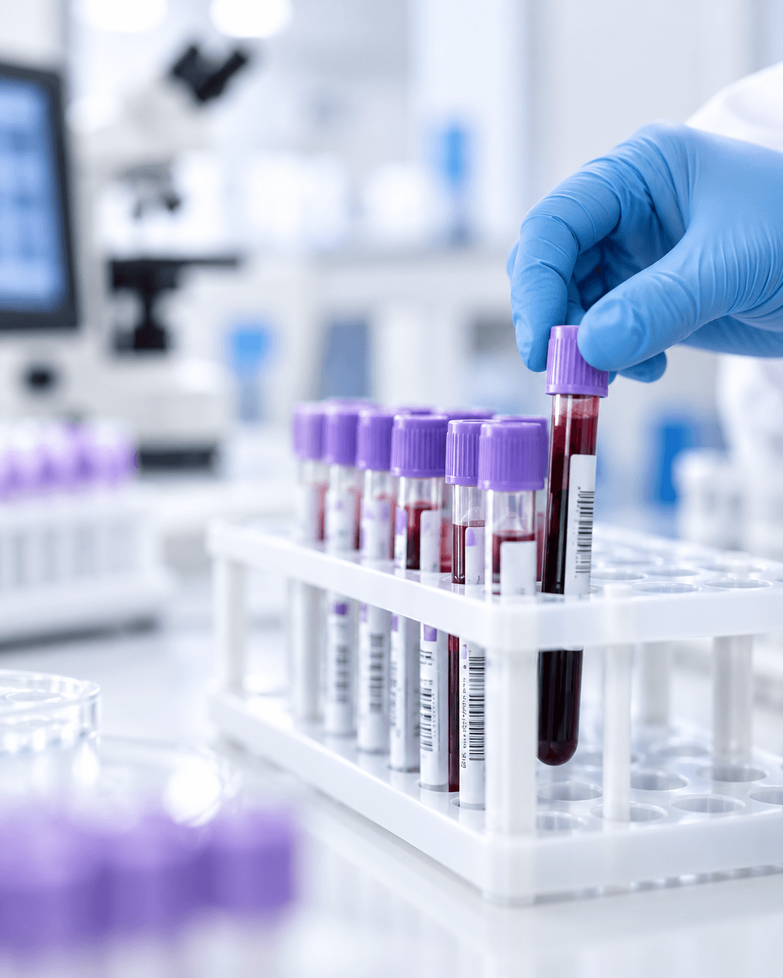 Gloved hand handling blood samples in a laboratory