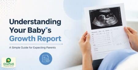 Pregnant woman checking fetal growth scan report with doctor