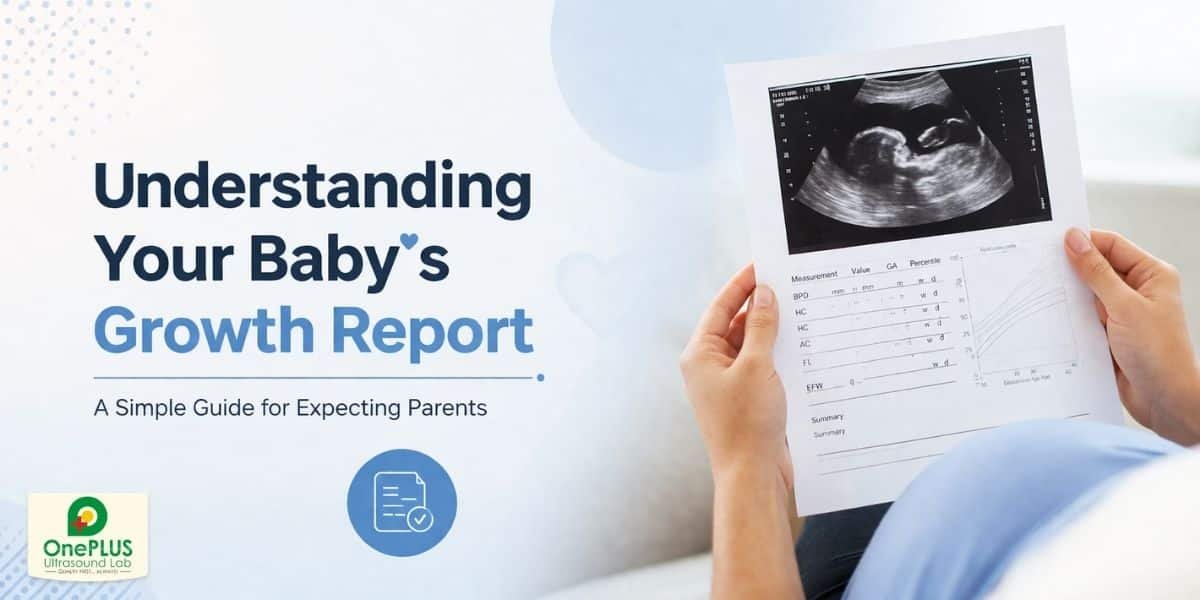 Pregnant woman checking fetal growth scan report with doctor
