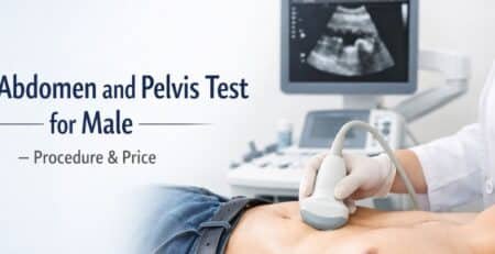 Male patient undergoing USG abdomen and pelvis ultrasound test