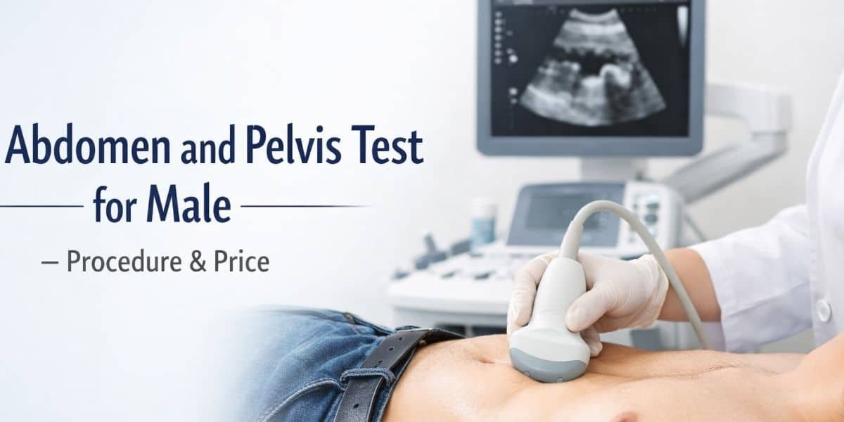 Male patient undergoing USG abdomen and pelvis ultrasound test